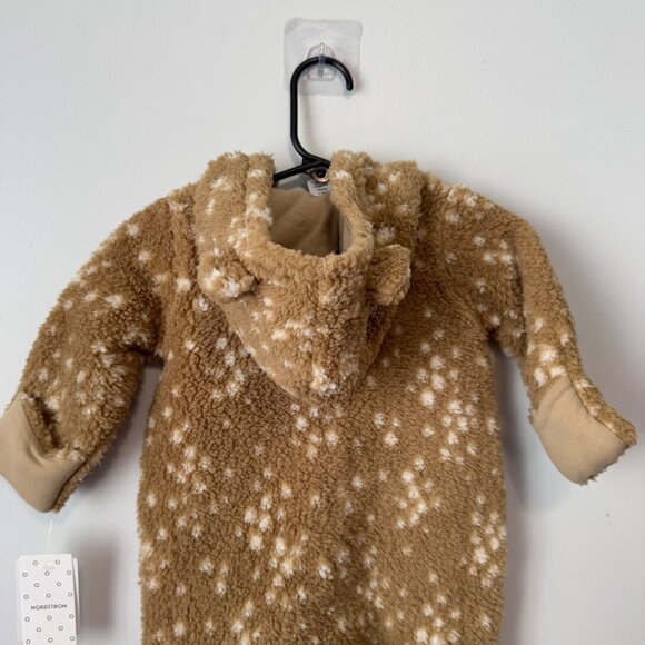 NWT Nordstrom 6M Tan Stock Doe Spots Sherpa Footless Onesie Hood Foldable Cuffs - Picture 6 of 8